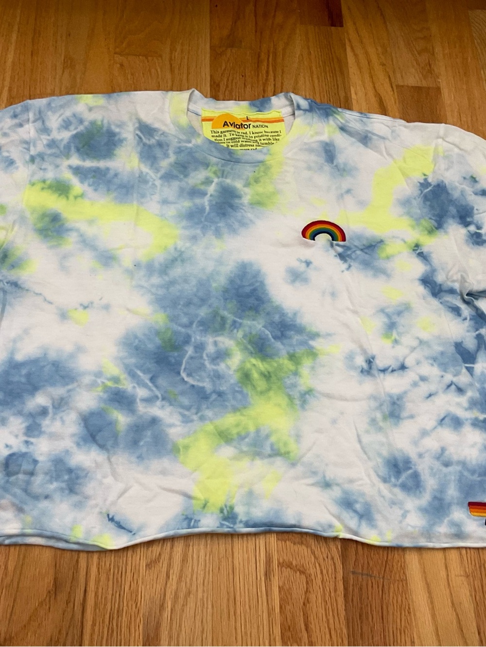 Aviator Nation Short Sleeve Tie-Dye Tee in Blue & Yellow with Rainbow Patch